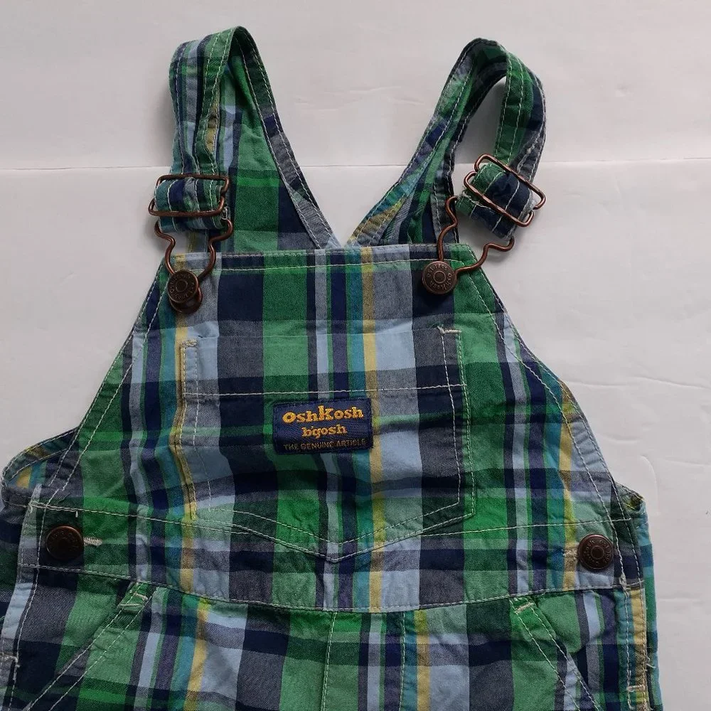 Oshkosh Boys Overall Shorts Green Plaid Shortalls 18 Months